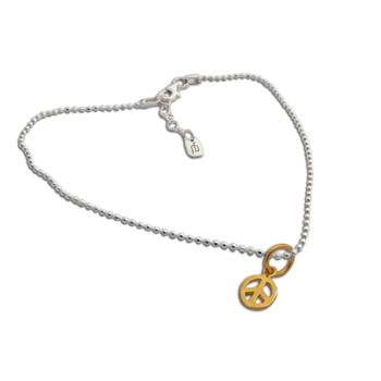 Gold plated Peace Charm on Sterling Silver Anklet 9 to 10 inches adjustable