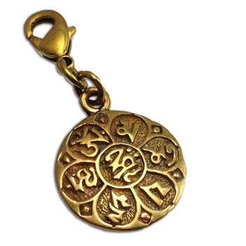 Charmas Om Mani Padme Hum Charm with Spring Clasp Recycled Brass Gold tone