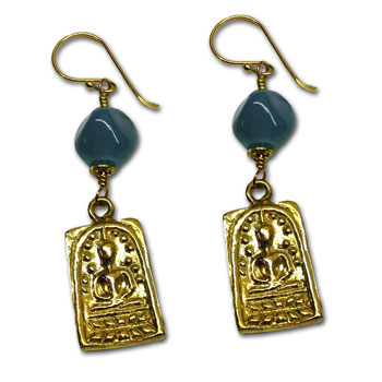 Buddha Earrings Recycled Glass and Brass Green or Teal Blue #3