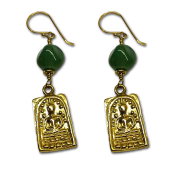 Buddha Earrings Recycled Glass and Brass Green or Teal Blue #2