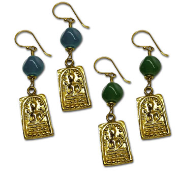 Buddha Earrings Recycled Glass and Brass Green or Teal Blue #1