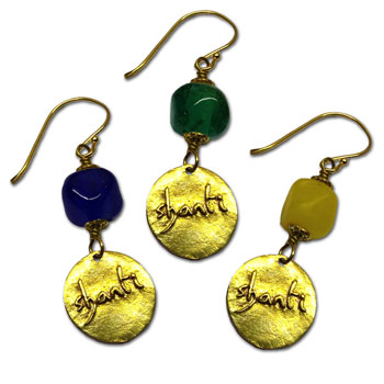 Shanti Earrings Dangle Recycled Glass and Brass Blue Green or Yellow