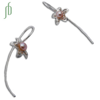 Sterling Silver Flower Earrings with Pink Pearl #1